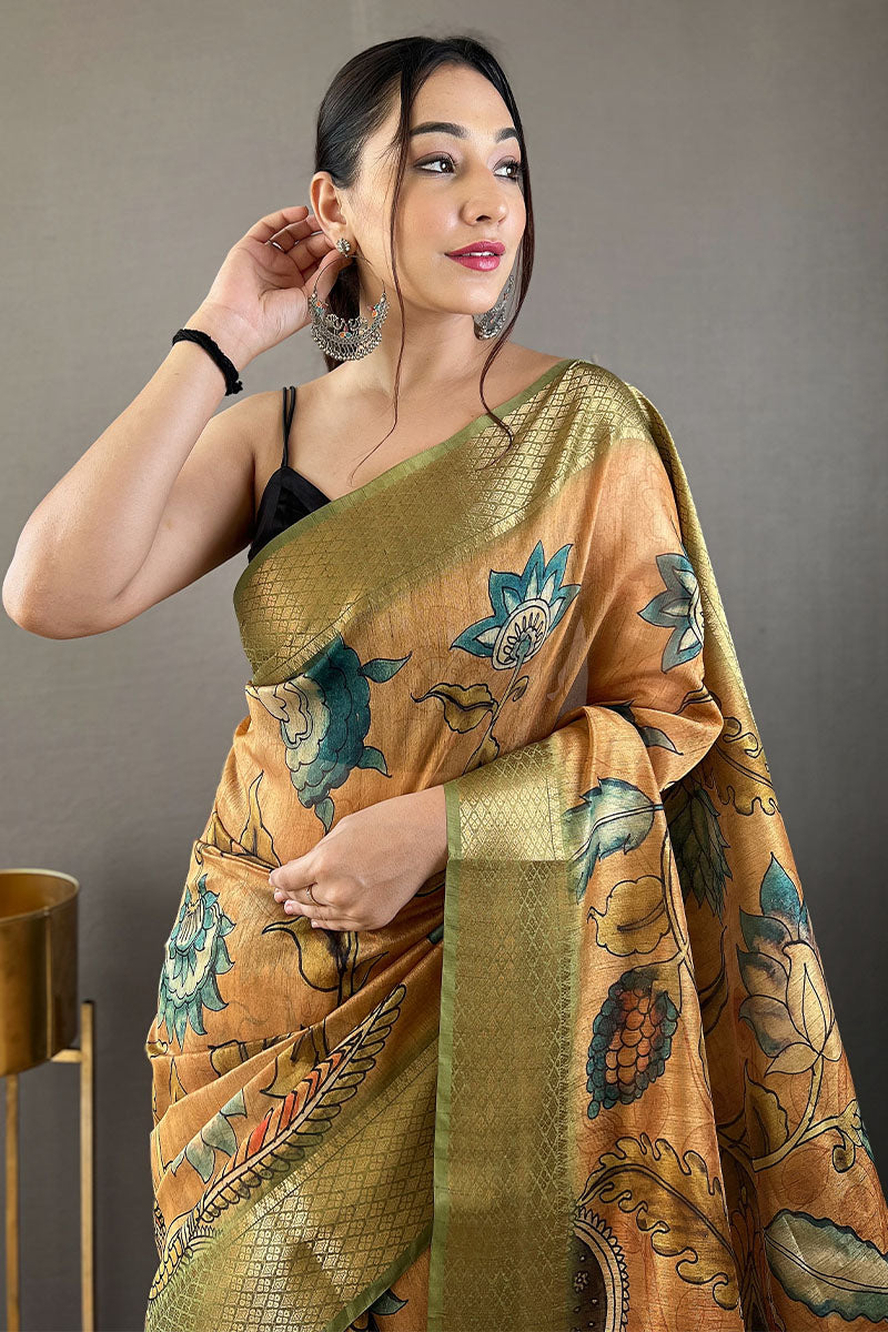 Exemplary Mustard Kalamkari Printed Saree With Inimitable Blouse Piece