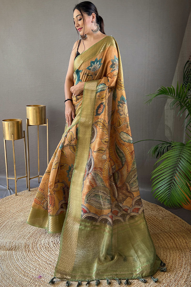 Exemplary Mustard Kalamkari Printed Saree With Inimitable Blouse Piece