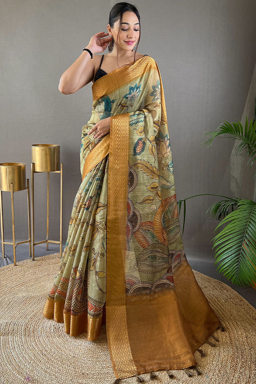 Load image into Gallery viewer, Mellifluous Pista Kalamkari Printed Saree With Eclat Blouse Piece
