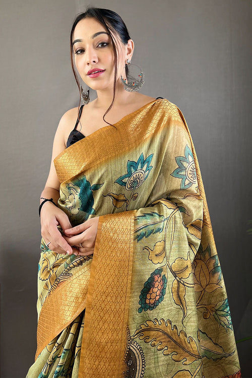 Load image into Gallery viewer, Mellifluous Pista Kalamkari Printed Saree With Eclat Blouse Piece
