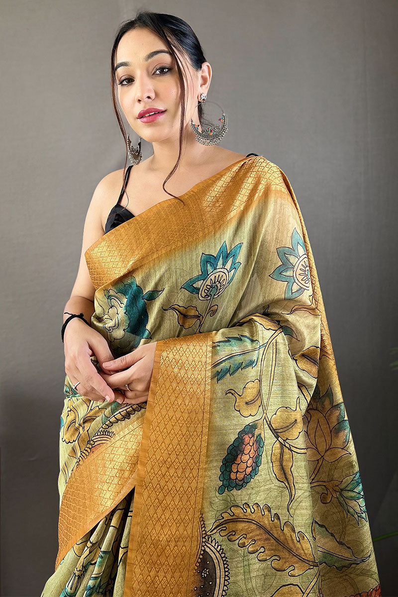 Mellifluous Pista Kalamkari Printed Saree With Eclat Blouse Piece