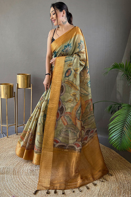 Load image into Gallery viewer, Mellifluous Pista Kalamkari Printed Saree With Eclat Blouse Piece
