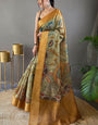 Mellifluous Pista Kalamkari Printed Saree With Eclat Blouse Piece