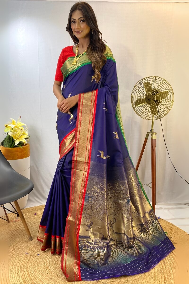 Ephemeral Navy Blue Soft Banarasi Silk Saree With Sempiternal Blouse Piece