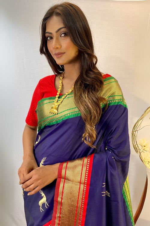 Load image into Gallery viewer, Ephemeral Navy Blue Soft Banarasi Silk Saree With Sempiternal Blouse Piece
