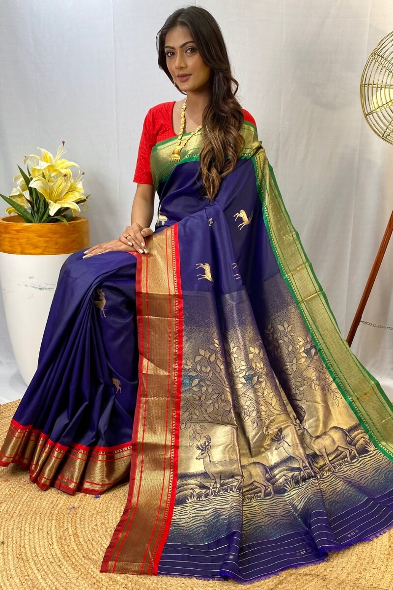 Ephemeral Navy Blue Soft Banarasi Silk Saree With Sempiternal Blouse Piece