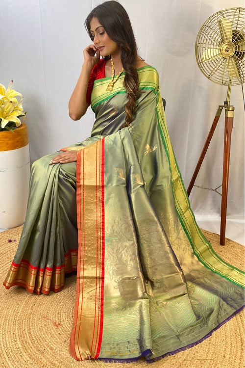 Load image into Gallery viewer, Woebegone Pista Soft Banarasi Silk Saree With Profuse Blouse Piece
