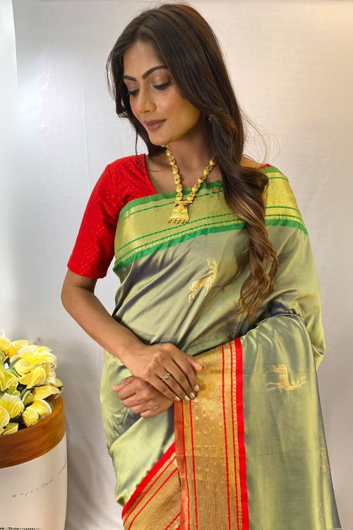 Load image into Gallery viewer, Woebegone Pista Soft Banarasi Silk Saree With Profuse Blouse Piece
