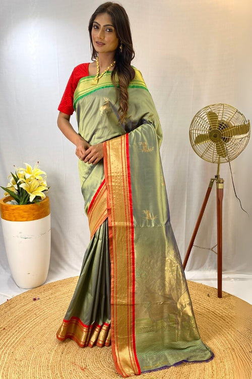 Load image into Gallery viewer, Woebegone Pista Soft Banarasi Silk Saree With Profuse Blouse Piece
