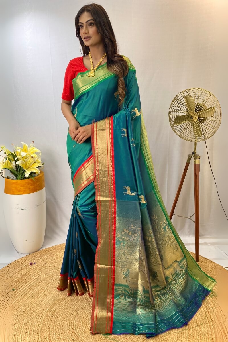 Enamoring Rama Soft Banarasi Silk Saree With Opulent Blouse Piece