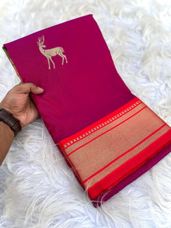 Profuse Wine Pure Zari Weaving Banarasi Silk Saree With Resonant Blouse Piece