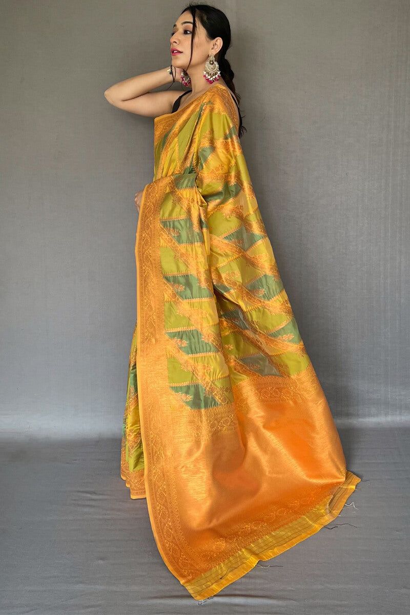 Ideal Green Soft Banarasi Silk Saree With Embrocation Blouse Piece