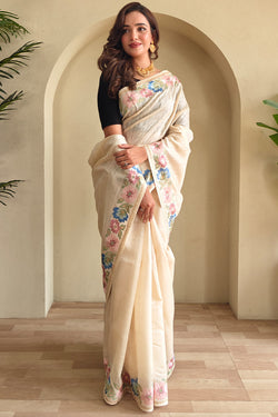 Lagniappe Beige Embroidery Work Tussar Silk Saree With Petrichor Blouse Piece