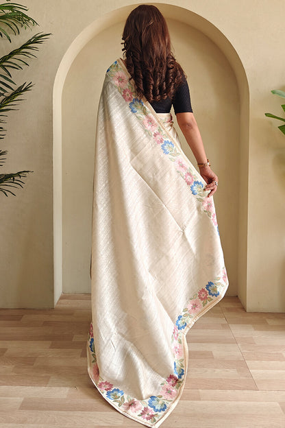 Lagniappe Beige Embroidery Work Tussar Silk Saree With Petrichor Blouse Piece