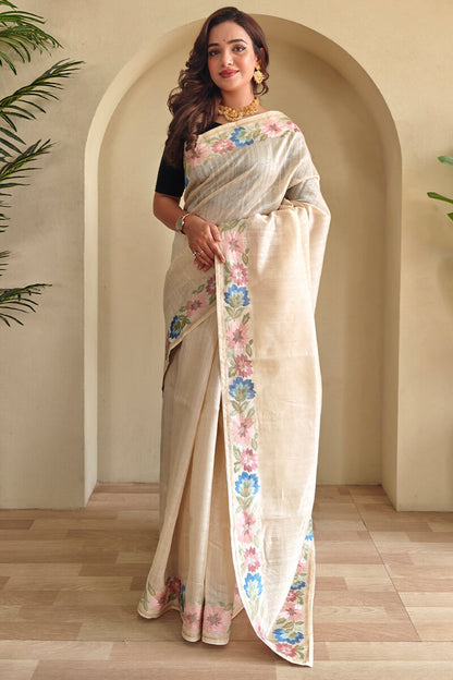 Lagniappe Beige Embroidery Work Tussar Silk Saree With Petrichor Blouse Piece