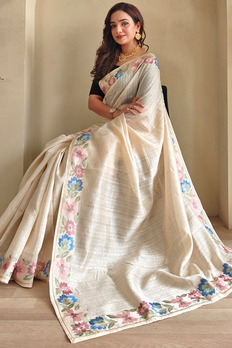 Lagniappe Beige Embroidery Work Tussar Silk Saree With Petrichor Blouse Piece