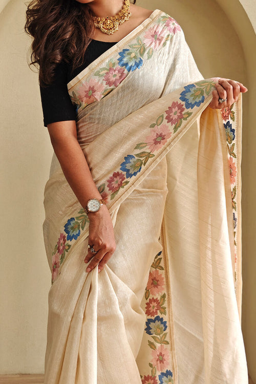Load image into Gallery viewer, Lagniappe Beige Embroidery Work Tussar Silk Saree With Petrichor Blouse Piece
