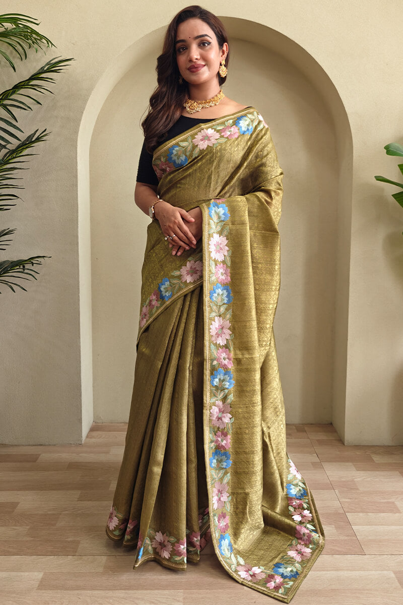 Vivacious Green Embroidery Work Tussar Silk Saree With Improbable Blouse Piece