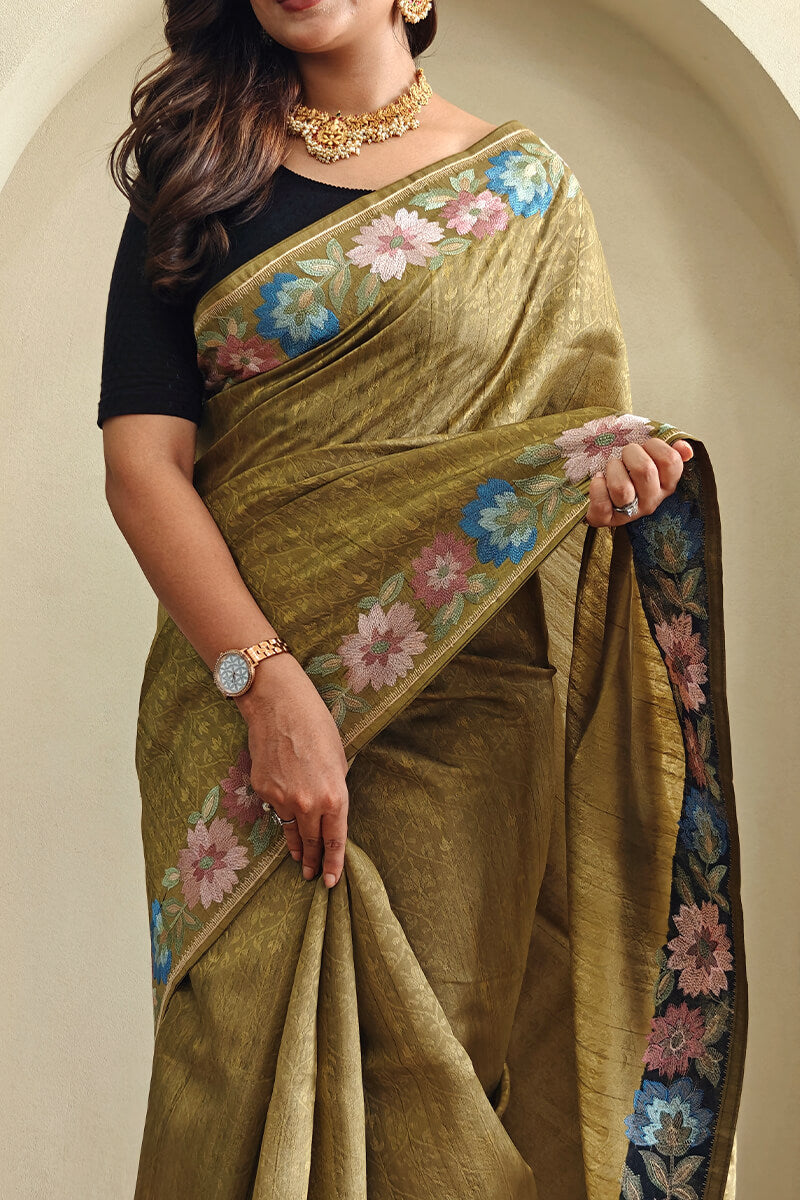 Vivacious Green Embroidery Work Tussar Silk Saree With Improbable Blouse Piece