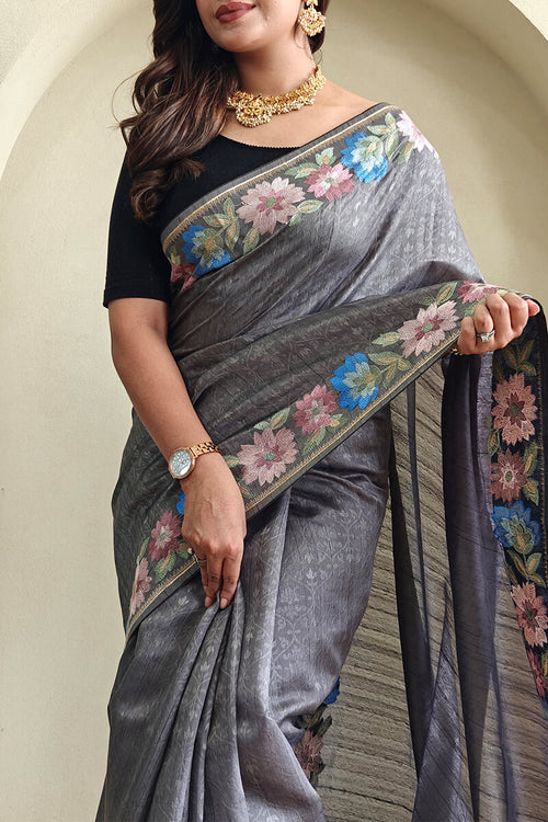 Load image into Gallery viewer, Sizzling Grey Embroidery Work Tussar Silk Saree With Enticing Blouse Piece
