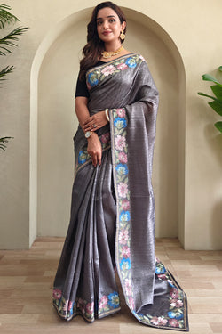 Sizzling Grey Embroidery Work Tussar Silk Saree With Enticing Blouse Piece