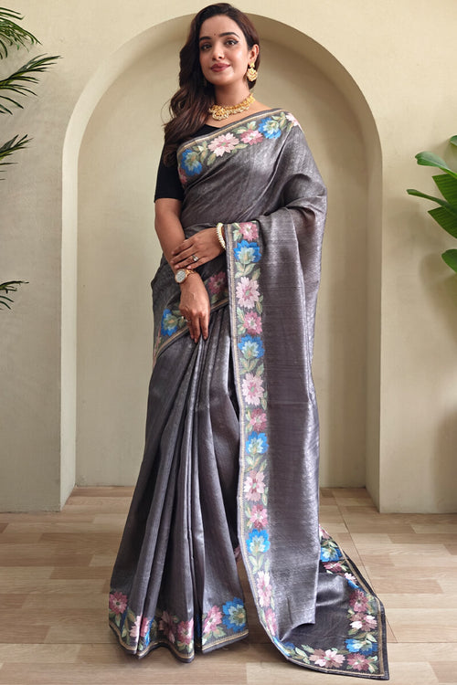 Load image into Gallery viewer, Sizzling Grey Embroidery Work Tussar Silk Saree With Enticing Blouse Piece
