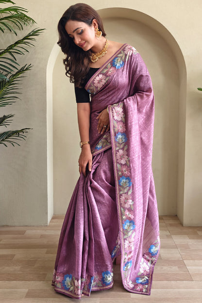 Demure Purple Embroidery Work Tussar Silk Saree With Extraordinary Blouse Piece
