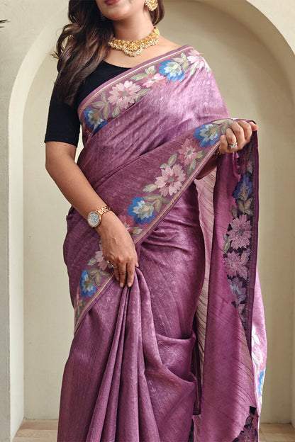 Demure Purple Embroidery Work Tussar Silk Saree With Extraordinary Blouse Piece