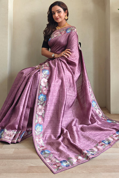 Demure Purple Embroidery Work Tussar Silk Saree With Extraordinary Blouse Piece