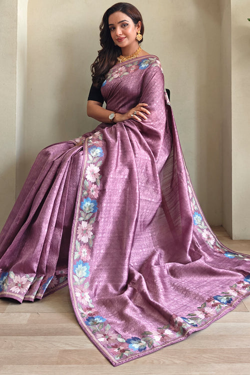 Load image into Gallery viewer, Demure Purple Embroidery Work Tussar Silk Saree With Extraordinary Blouse Piece

