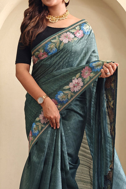 Breathtaking Rama Embroidery Work Tussar Silk Saree With Palimpsest Blouse Piece