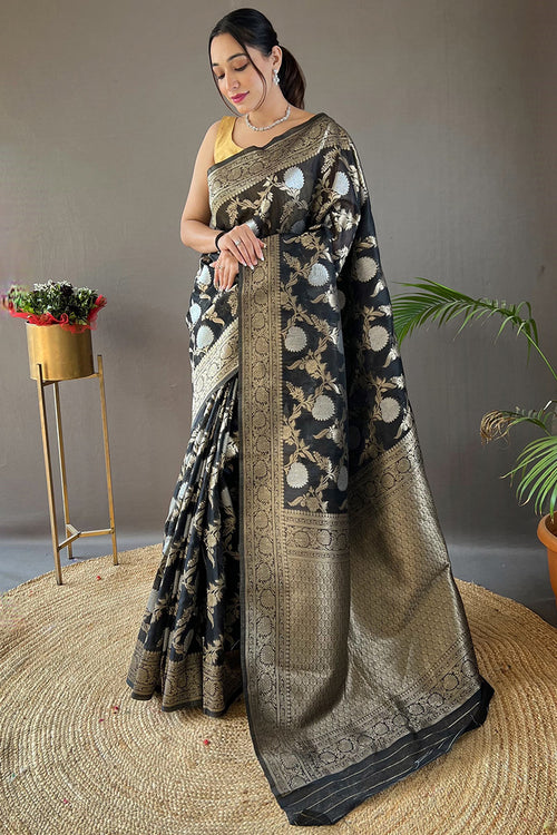 Load image into Gallery viewer, Palimpsest Black Cotton Silk Saree With Forbearance Blouse Piece
