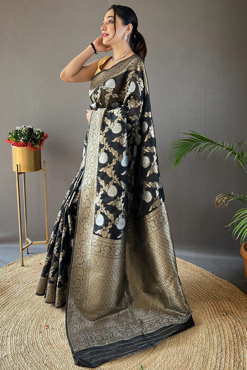 Load image into Gallery viewer, Palimpsest Black Cotton Silk Saree With Forbearance Blouse Piece
