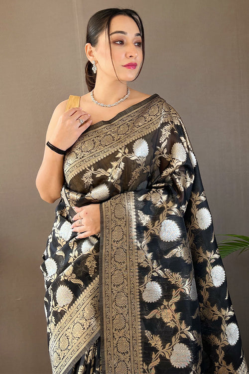 Load image into Gallery viewer, Palimpsest Black Cotton Silk Saree With Forbearance Blouse Piece
