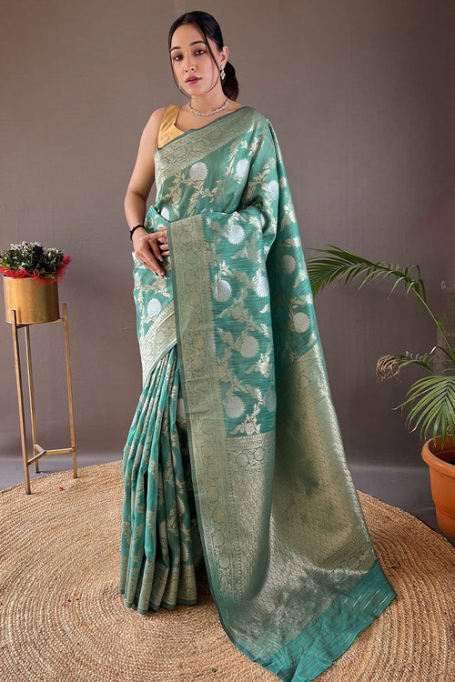 Load image into Gallery viewer, Pretty Sea Green Cotton Silk Saree With Innovative Blouse Piece
