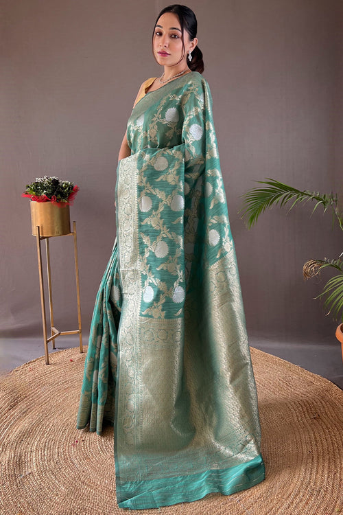 Load image into Gallery viewer, Pretty Sea Green Cotton Silk Saree With Innovative Blouse Piece
