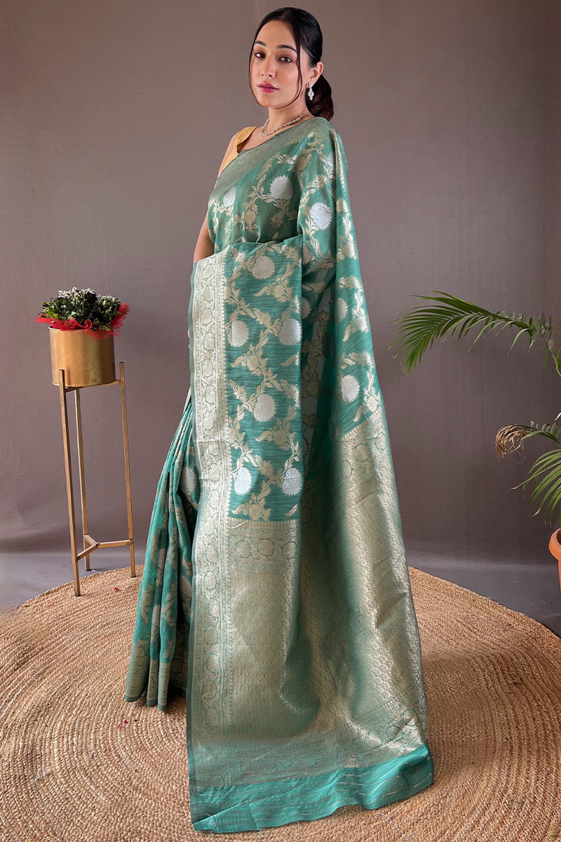 Pretty Sea Green Cotton Silk Saree With Innovative Blouse Piece