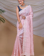 Stunning Baby Pink Embroidery Work Soft Silk Saree With Extraordinary Blouse Piece