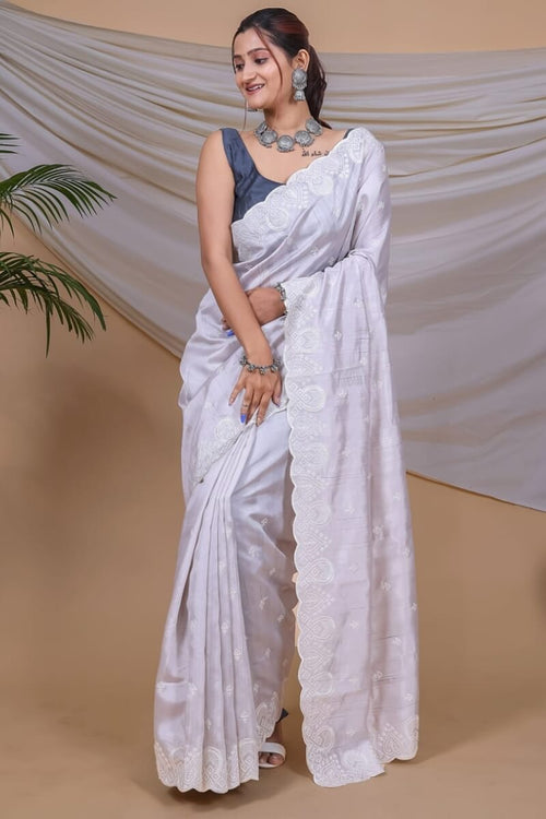 Load image into Gallery viewer, Attractive Grey Embroidery Work Soft Silk Saree With Sizzling Blouse Piece
