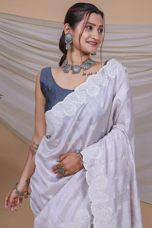 Load image into Gallery viewer, Attractive Grey Embroidery Work Soft Silk Saree With Sizzling Blouse Piece
