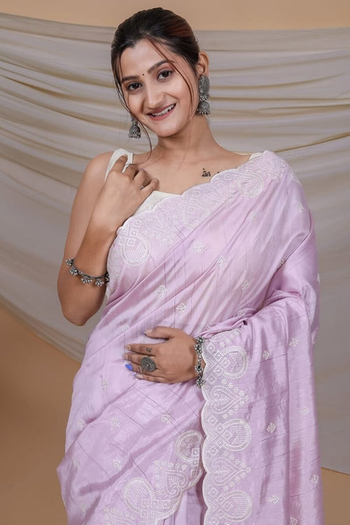 Load image into Gallery viewer, Mesmerising Lavender Embroidery Work Soft Silk Saree With Adorning Blouse Piece
