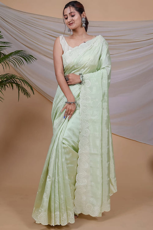 Load image into Gallery viewer, Blissful Pista Embroidery Work Soft Silk Saree With Stunner Blouse Piece
