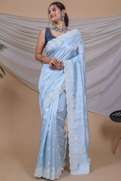 Load image into Gallery viewer, Prominent Sky Embroidery Work Soft Silk Saree With Inspiring Blouse Piece
