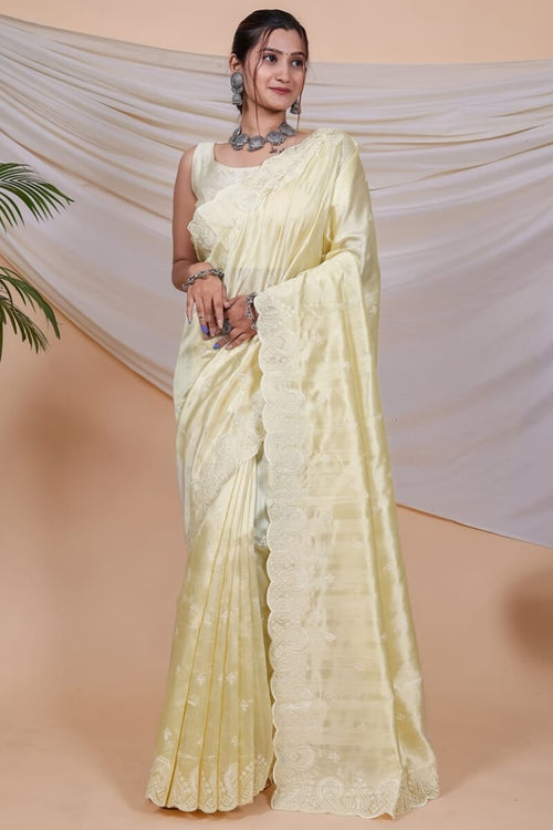 Load image into Gallery viewer, Angelic Yellow Embroidery Work Soft Silk Saree With Desuetude Blouse Piece
