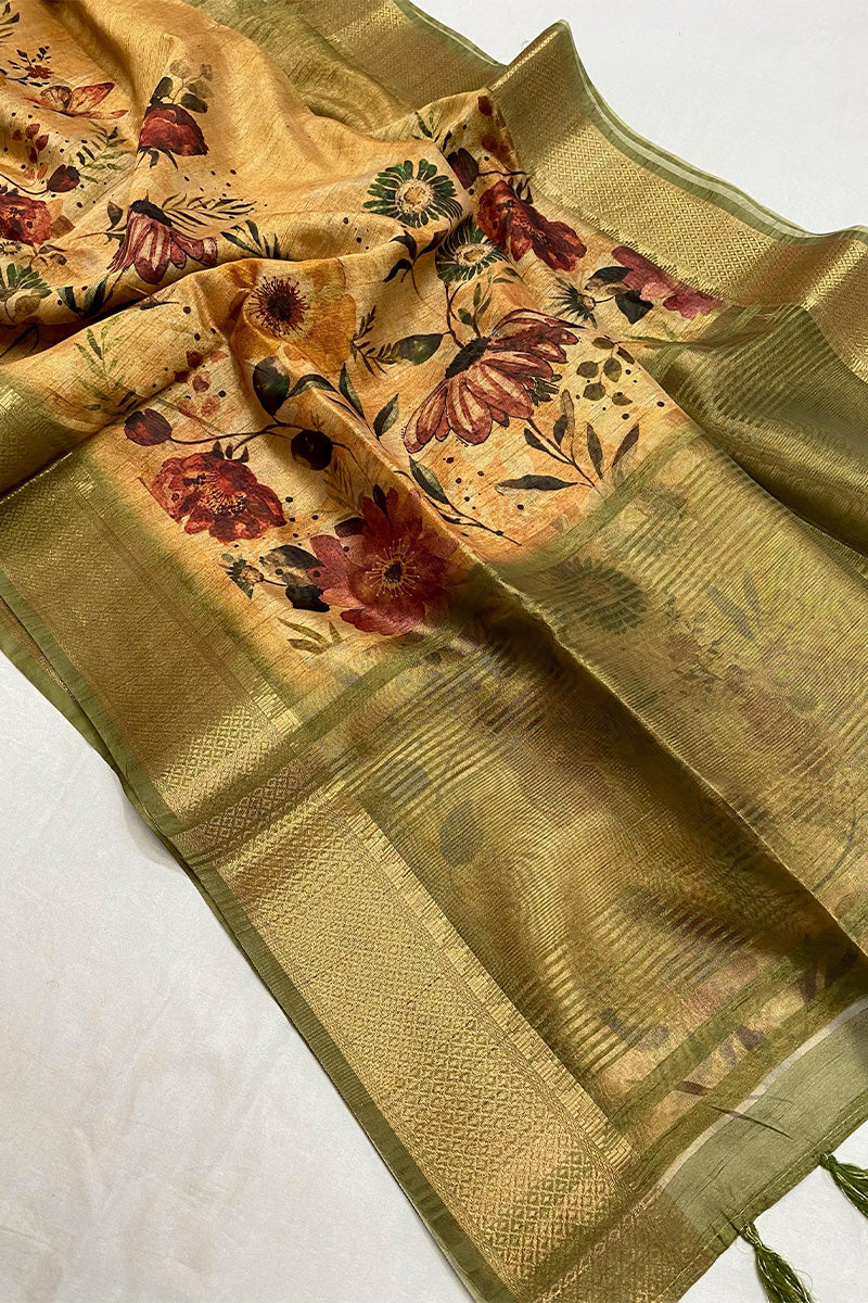 Gleaming Dark Beige Digital Printed Tussar Silk Saree With Precious Blouse Piece