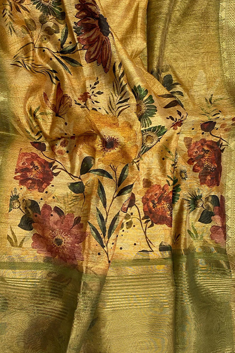 Gleaming Dark Beige Digital Printed Tussar Silk Saree With Precious Blouse Piece