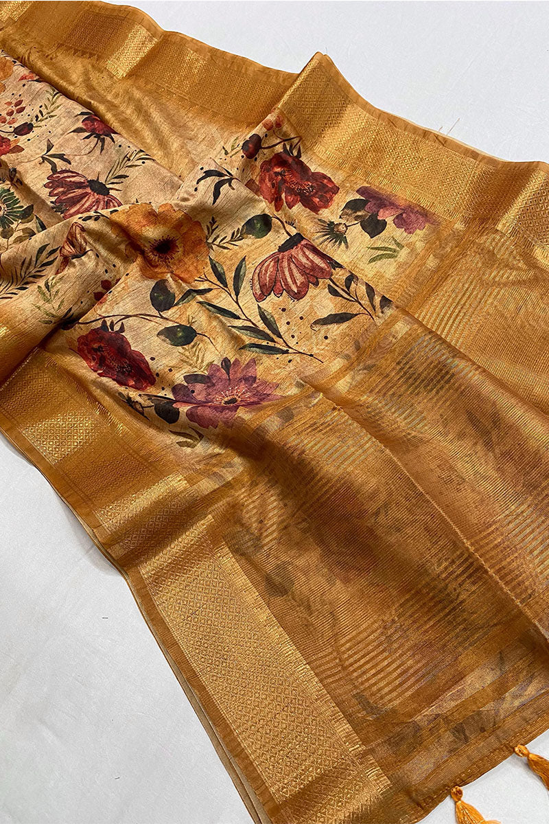 Elegant Dark Beige Digital Printed Tussar Silk Saree With Unique Blouse Piece