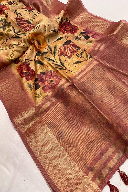 Load image into Gallery viewer, Designer Dark Beige Digital Printed Tussar Silk Saree With Opulent Blouse Piece
