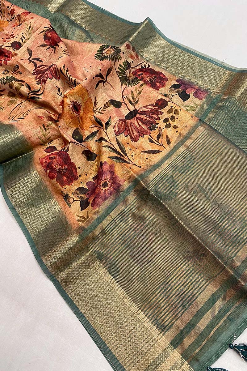 Blissful Dark Beige Digital Printed Tussar Silk Saree With Flameboyant Blouse Piece