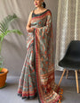 Radiant Dark Grey Kalamkari Printed Saree With Entrancing Blouse Piece